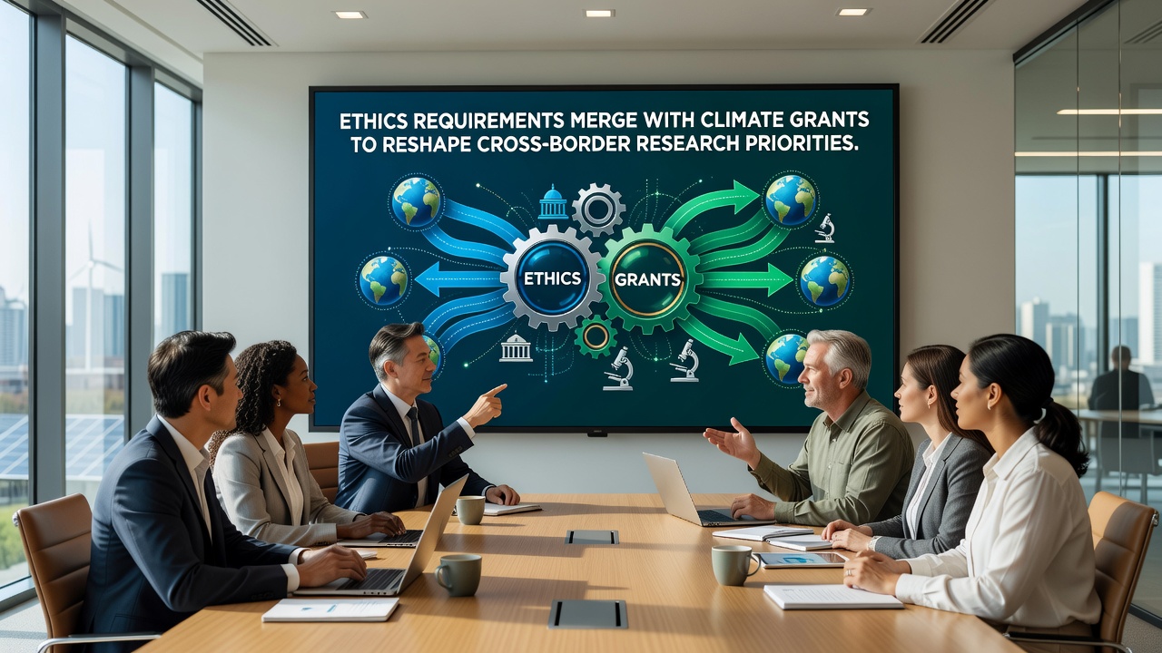 Scientists collaborating on climate research documents with ethics checklists spread across a conference table